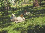 johan krouthen Three reading women in a summer landscape oil painting